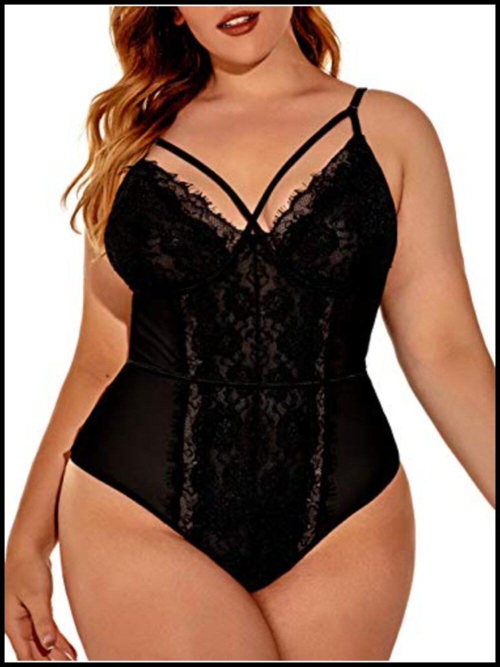 Plus Size Eyelash Lace Bodysuit Snap Crotch Lingerie Top for Club